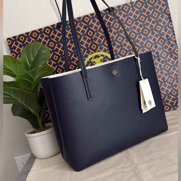 NWT ,Tory Burch Blake center zip Navy Blue with gold hardware Tote Bag - Picture 5 of 16